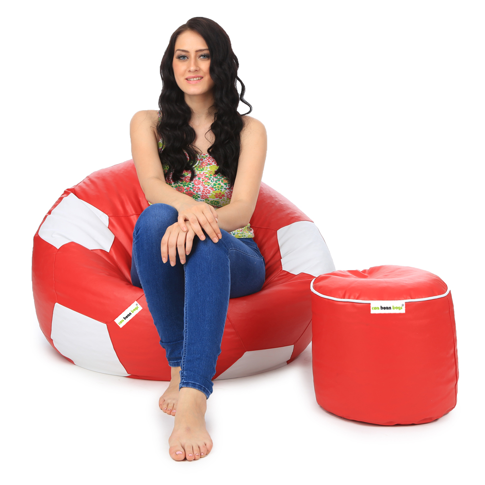 Orka Classic XXL Foorball With Mathching Footstool Filled Bean Bag With Beans (Red, White)
